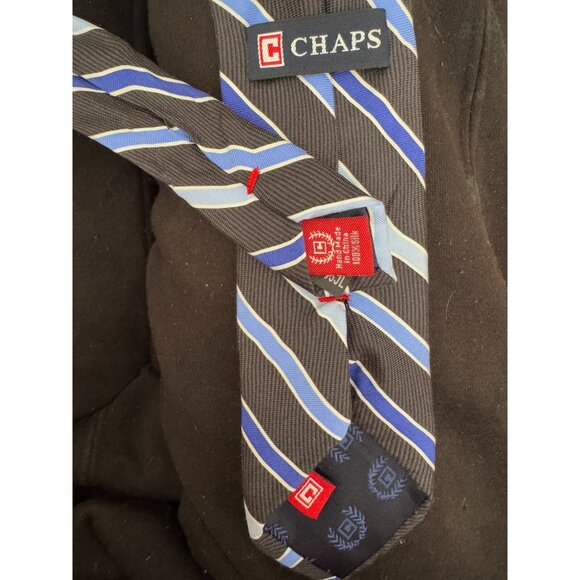 CHAPS RALPH LAUREN REPP Tie Black With Blue Stripe 100% Silk Mens Size 50 in - Picture 2 of 3